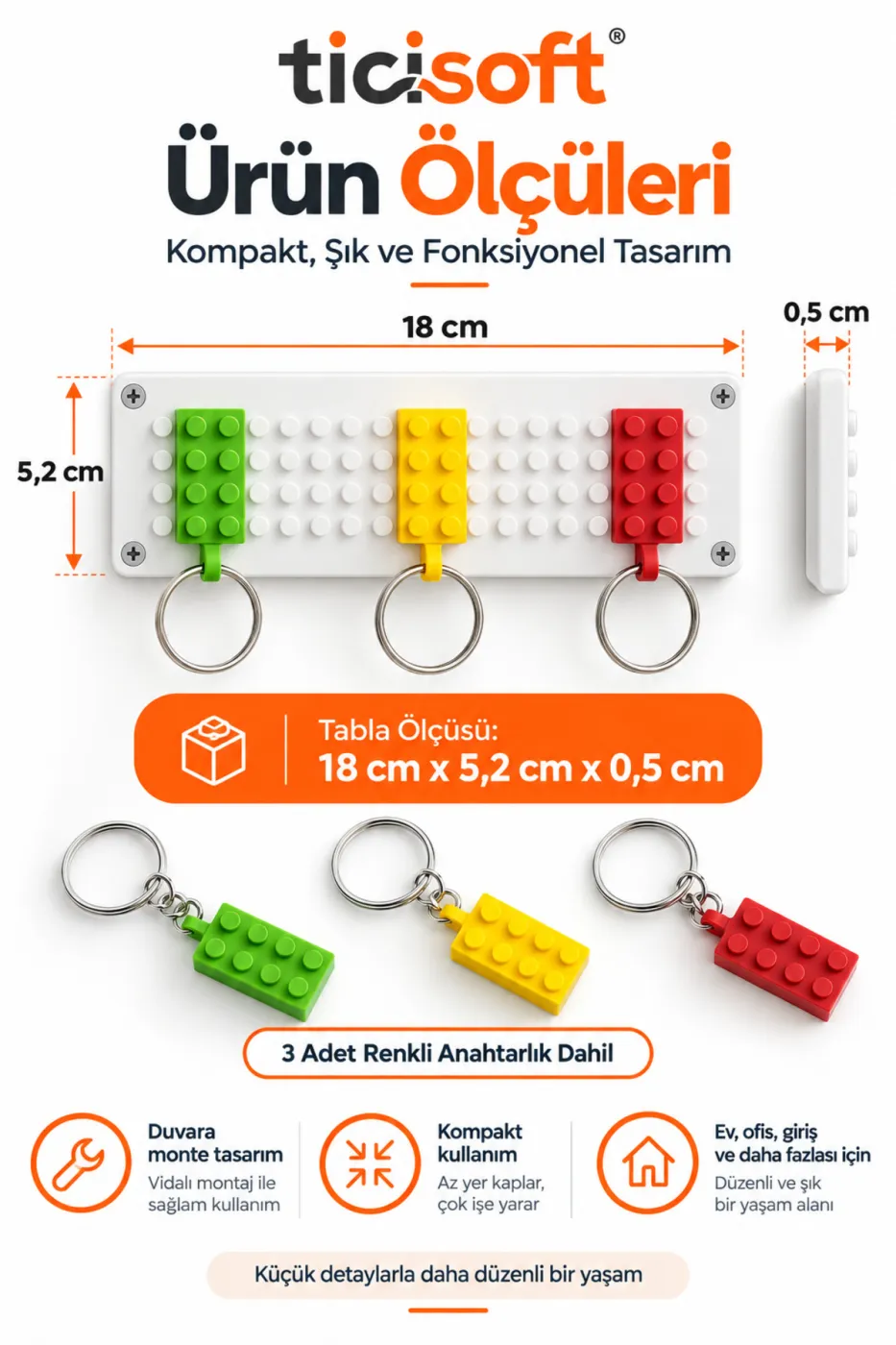 Blok Tasarımlı Duvar Anahtarlığı 3 Renkli Anahtarlık Dahil Beyaz Taban Anahtar Askılığı ve Düzenleyici