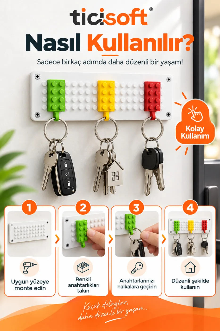 Blok Tasarımlı Duvar Anahtarlığı 3 Renkli Anahtarlık Dahil Beyaz Taban Anahtar Askılığı ve Düzenleyici