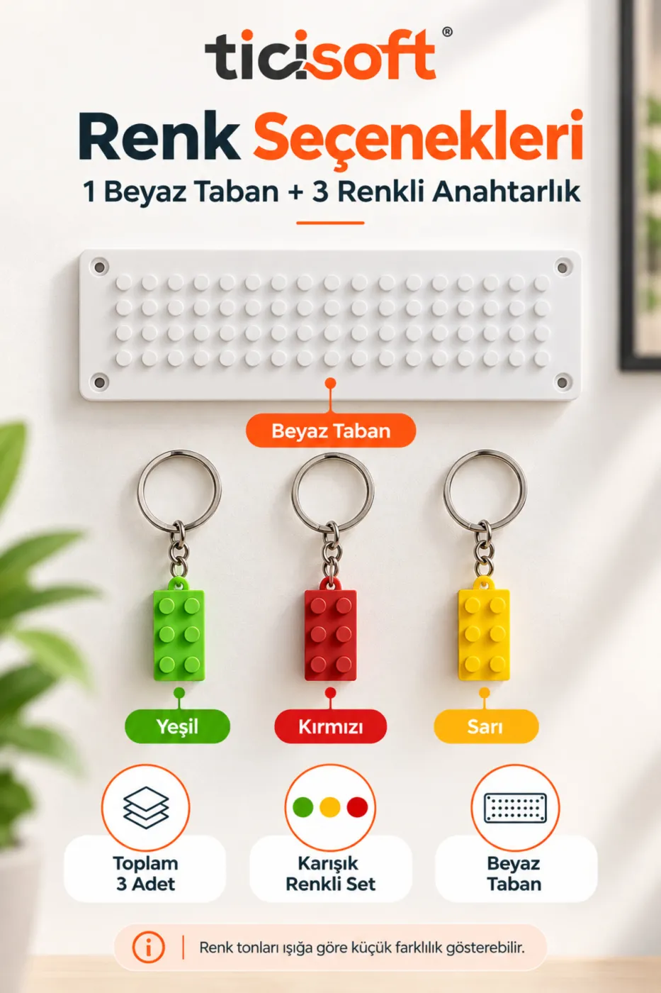 Blok Tasarımlı Duvar Anahtarlığı 3 Renkli Anahtarlık Dahil Beyaz Taban Anahtar Askılığı ve Düzenleyici