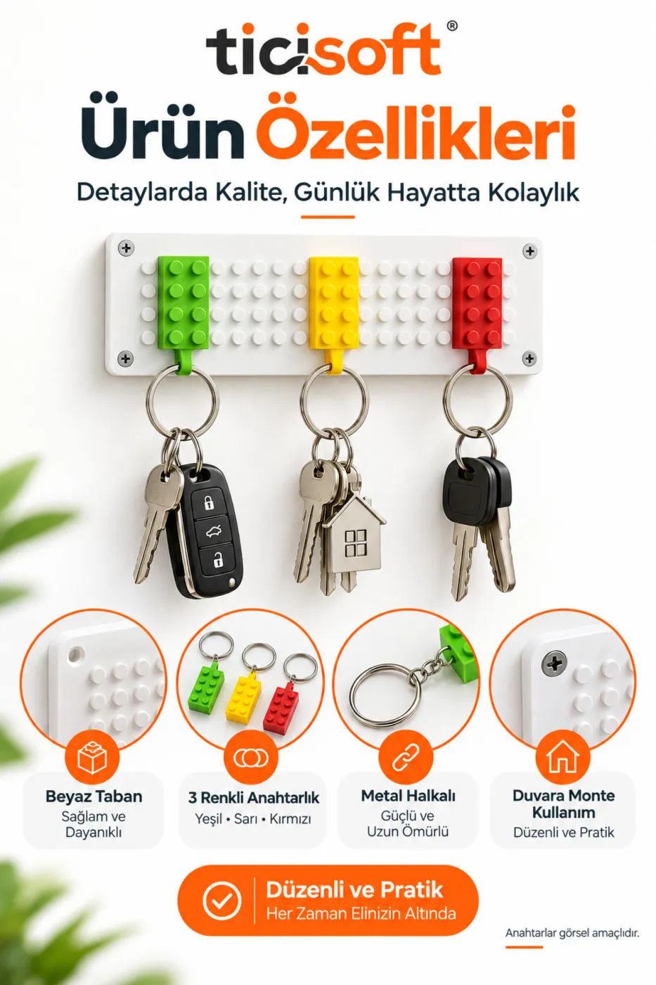 Blok Tasarımlı Duvar Anahtarlığı 3 Renkli Anahtarlık Dahil Beyaz Taban Anahtar Askılığı ve Düzenleyici
