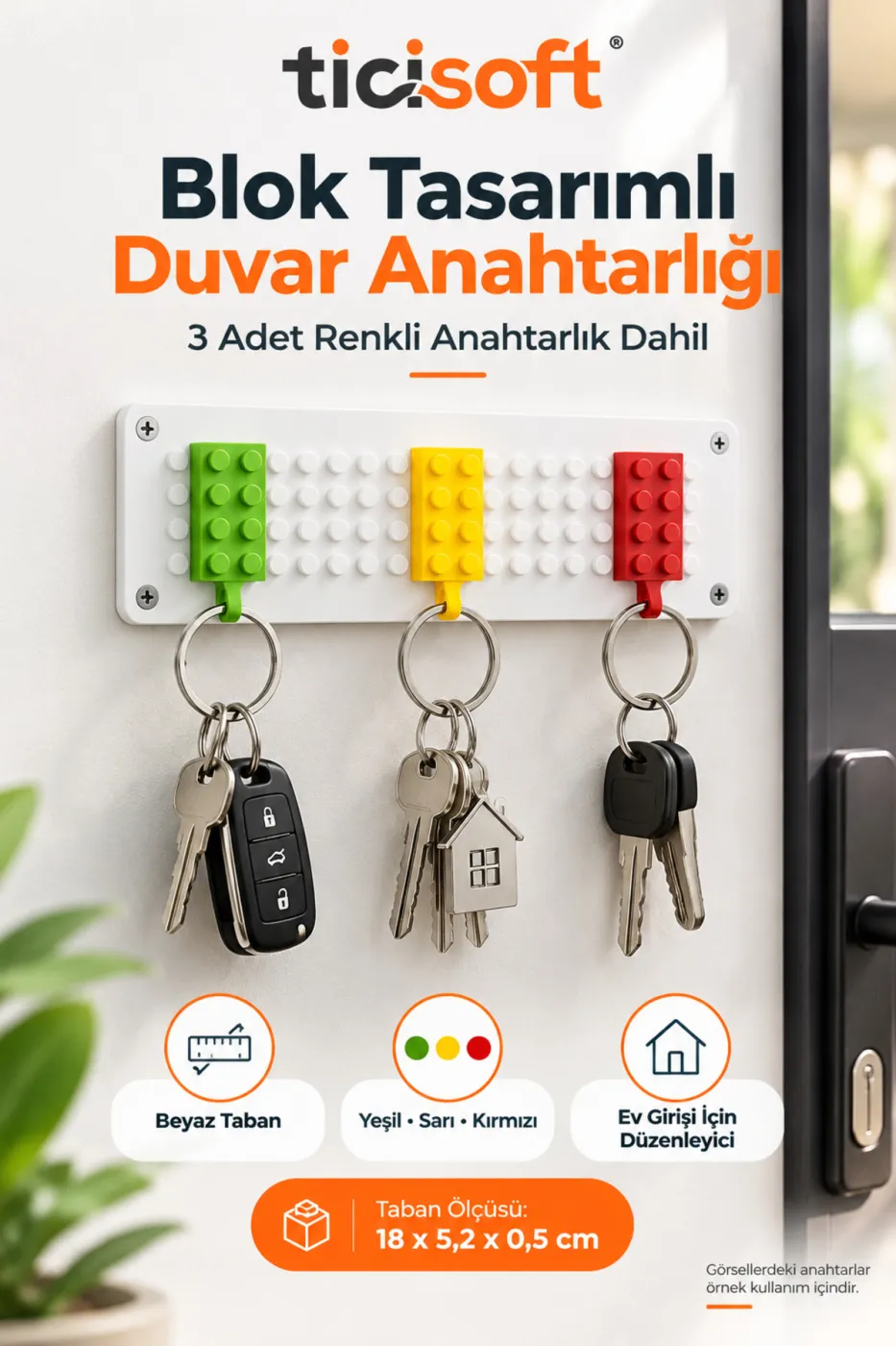Blok Tasarımlı Duvar Anahtarlığı 3 Renkli Anahtarlık Dahil Beyaz Taban Anahtar Askılığı ve Düzenleyici