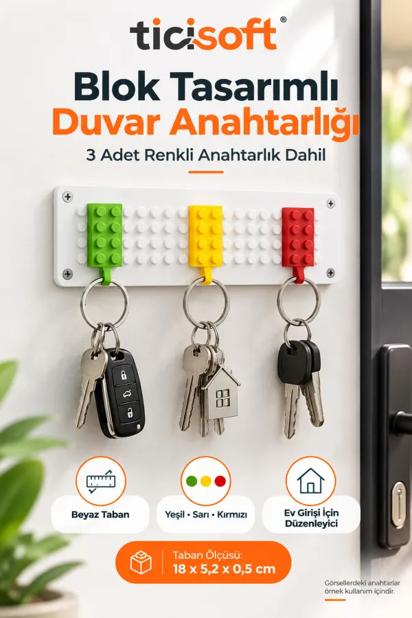 Blok Tasarımlı Duvar Anahtarlığı 3 Renkli Anahtarlık Dahil Beyaz Taban Anahtar Askılığı ve Düzenleyici