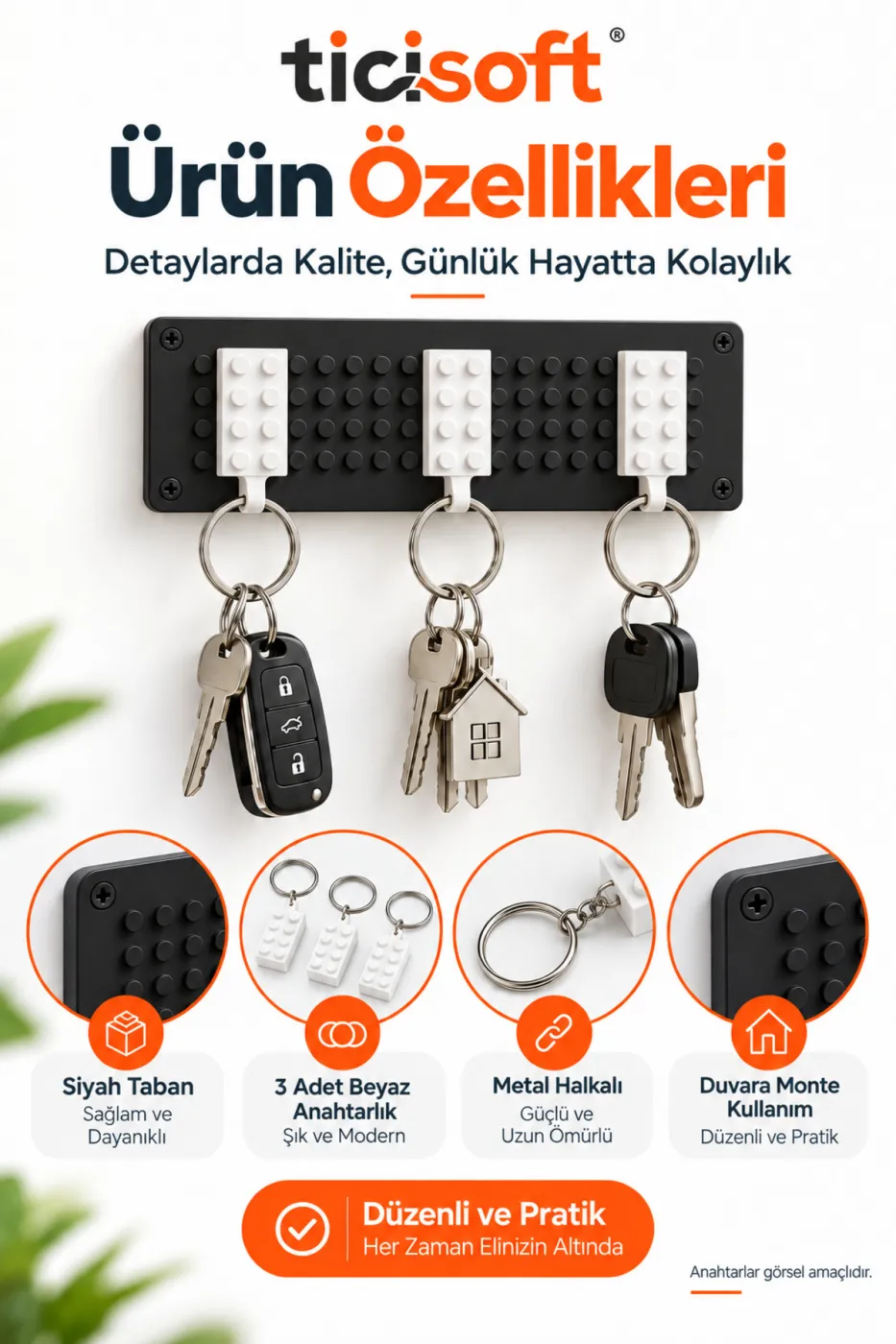 Blok Tasarımlı Duvar Anahtarlığı 3 Renkli Anahtarlık Dahil Beyaz Taban Anahtar Askılığı ve Düzenleyici