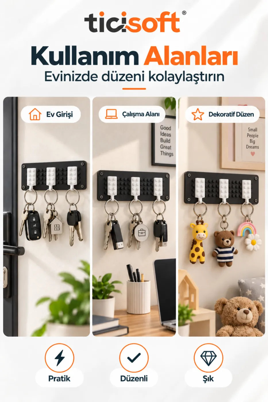 Blok Tasarımlı Duvar Anahtarlığı 3 Renkli Anahtarlık Dahil Beyaz Taban Anahtar Askılığı ve Düzenleyici