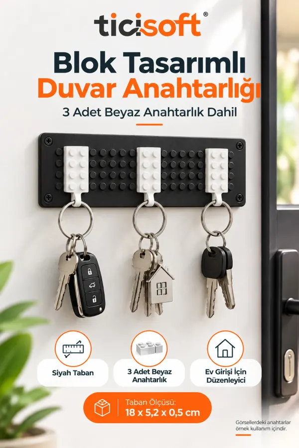 Blok Tasarımlı Duvar Anahtarlığı 3 Renkli Anahtarlık Dahil Beyaz Taban Anahtar Askılığı ve Düzenleyici