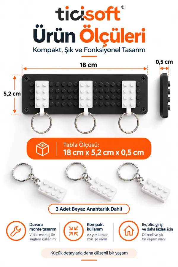 Blok Tasarımlı Duvar Anahtarlığı 3 Renkli Anahtarlık Dahil Beyaz Taban Anahtar Askılığı ve Düzenleyici