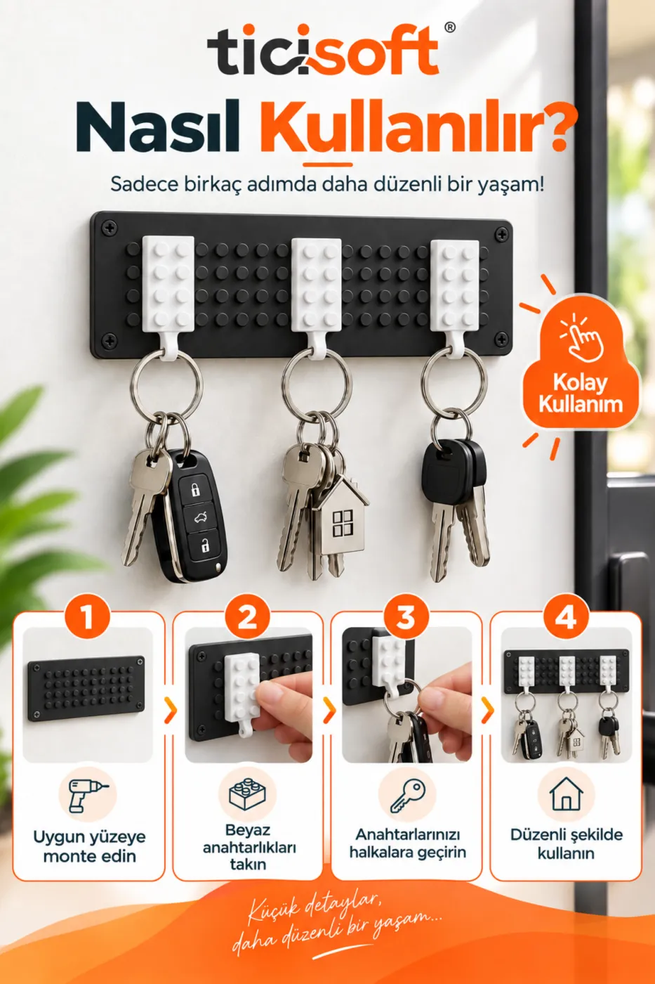 Blok Tasarımlı Duvar Anahtarlığı 3 Renkli Anahtarlık Dahil Beyaz Taban Anahtar Askılığı ve Düzenleyici