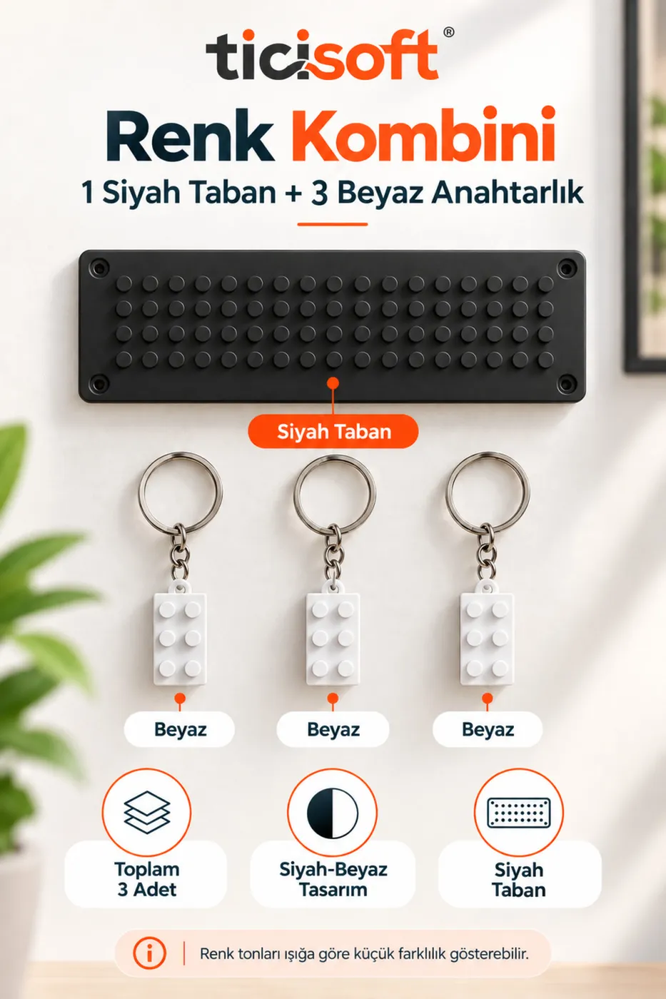 Blok Tasarımlı Duvar Anahtarlığı 3 Renkli Anahtarlık Dahil Beyaz Taban Anahtar Askılığı ve Düzenleyici