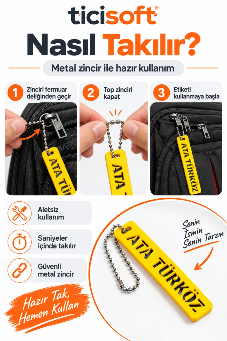 Kişiye Özel 3D Baskı Çanta İsimliği Metal Zincirli Bagaj Etiketi İstenilen İsim Yazılı