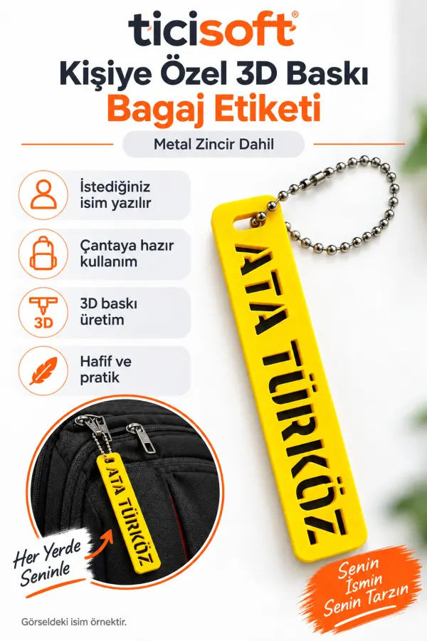 Kişiye Özel 3D Baskı Çanta İsimliği Metal Zincirli Bagaj Etiketi İstenilen İsim Yazılı