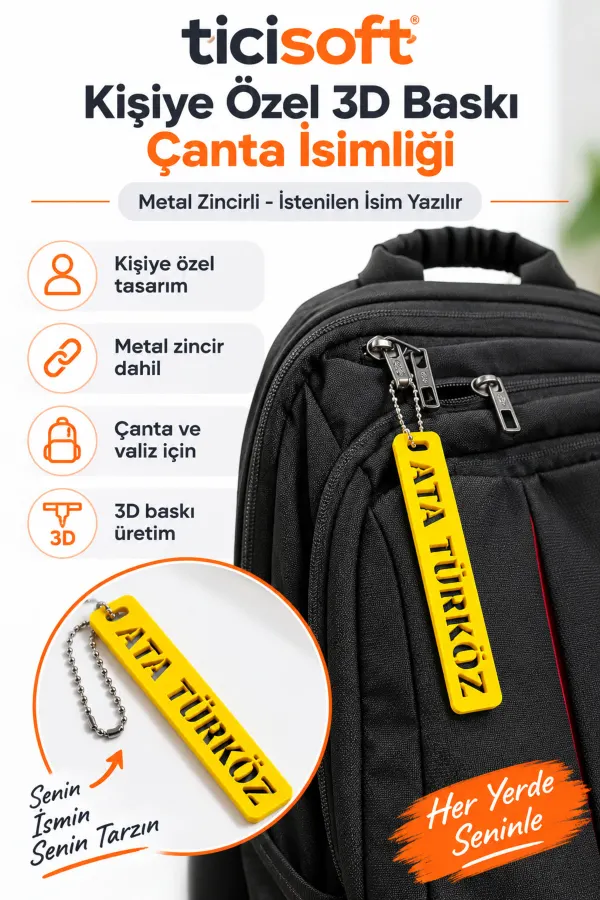 Kişiye Özel 3D Baskı Çanta İsimliği Metal Zincirli Bagaj Etiketi İstenilen İsim Yazılı