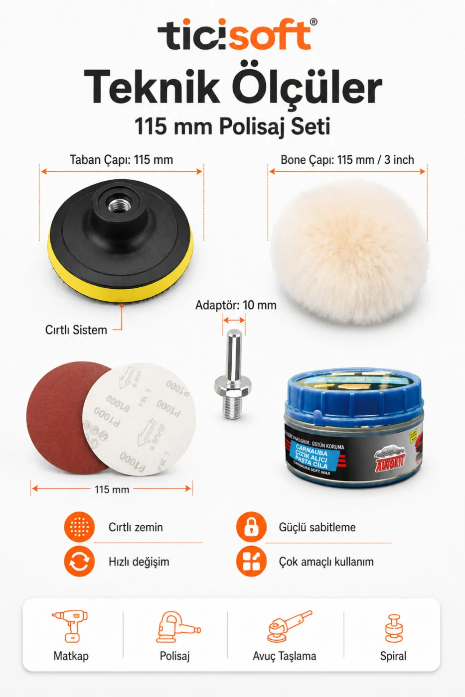 115 mm Oto Pasta Cila Polisaj Seti 6 Parça Matkap Uyumlu Cırt Taban Bone Zımpara ve Çizik Giderici Set
