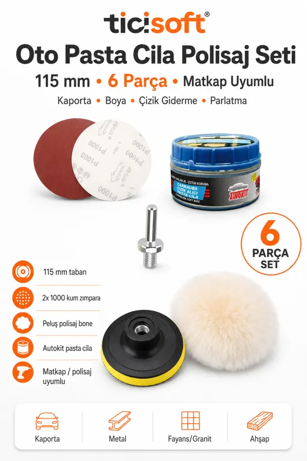 115 mm Oto Pasta Cila Polisaj Seti 6 Parça Matkap Uyumlu Cırt Taban Bone Zımpara ve Çizik Giderici Set