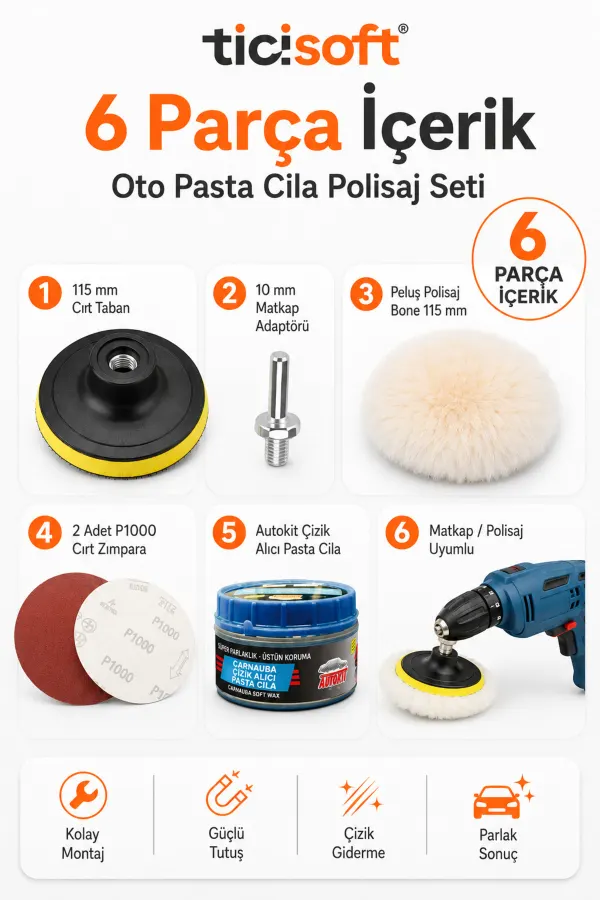115 mm Oto Pasta Cila Polisaj Seti 6 Parça Matkap Uyumlu Cırt Taban Bone Zımpara ve Çizik Giderici Set