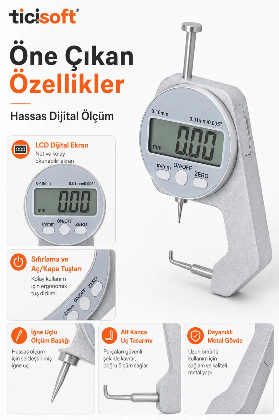 Dijital Kalınlık Ölçer Kumpas İğne Uçlu LCD Elektronik Mikrometre Komparatör Boru Profil Sac Ölçüm Cihazı