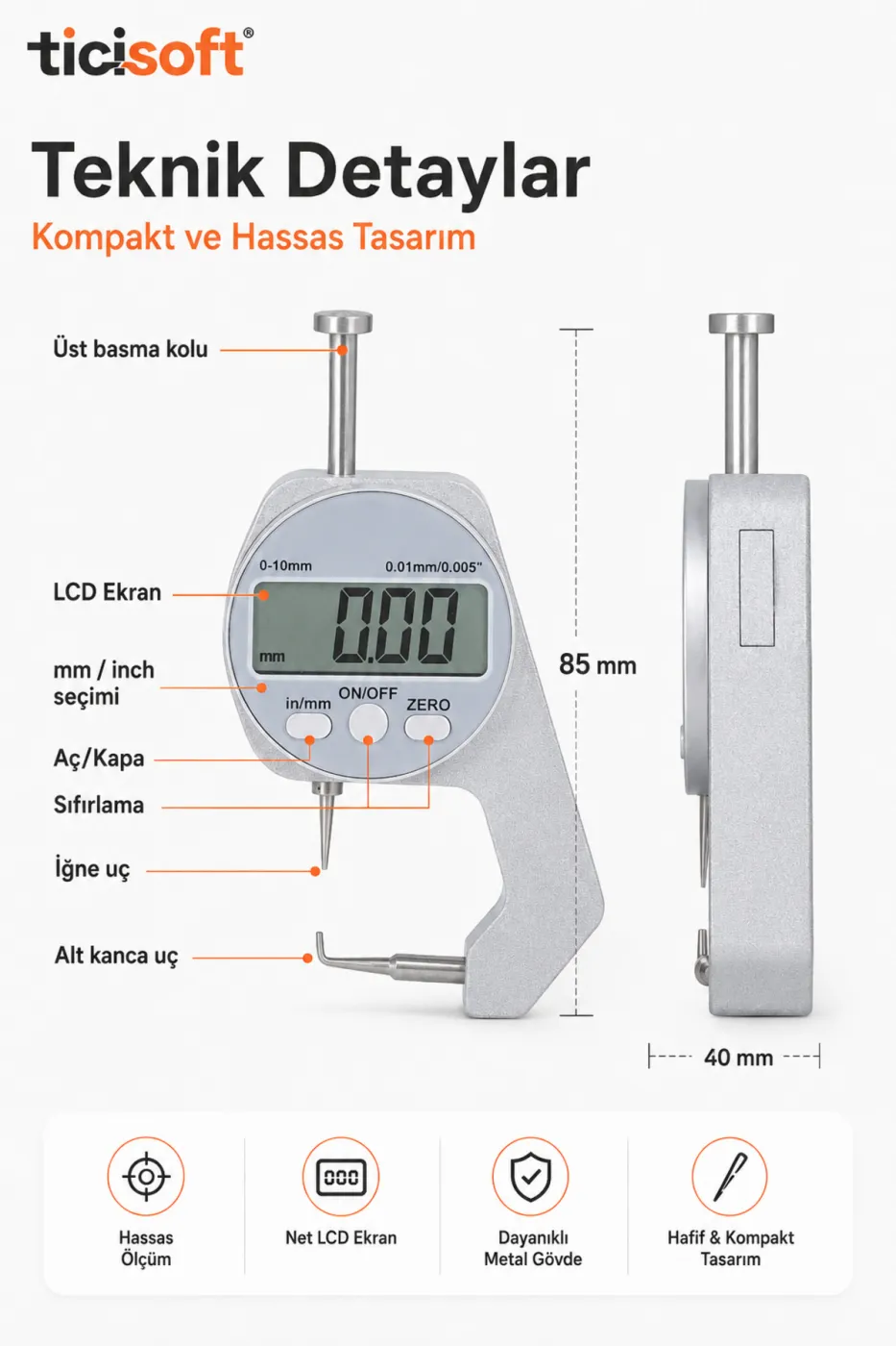 Dijital Kalınlık Ölçer Kumpas İğne Uçlu LCD Elektronik Mikrometre Komparatör Boru Profil Sac Ölçüm Cihazı