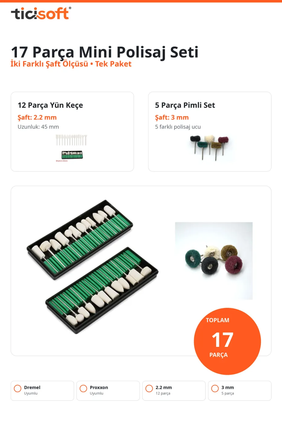 17 Parça Mini Polisaj Parlatma Cilalama Keçe Seti 2.2 mm ve 3 mm Pimli Dremel Uyumlu
