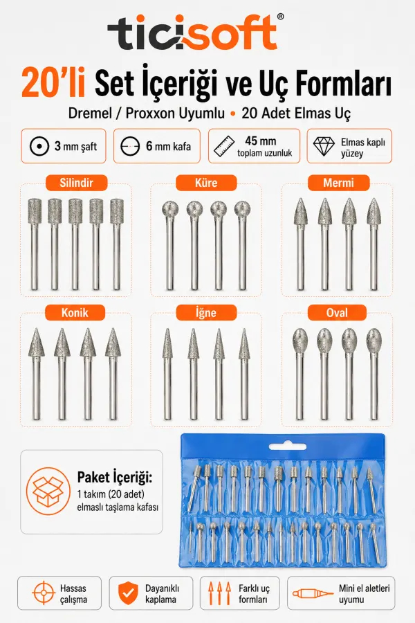 20 Parça Elmas Freze Uç Seti 3 mm Şaft Dremel Uyumlu Cam Fayans Mermer Granit Taşlama Aşındırma Uçları