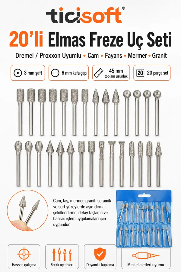 20 Parça Elmas Freze Uç Seti 3 mm Şaft Dremel Uyumlu Cam Fayans Mermer Granit Taşlama Aşındırma Uçları