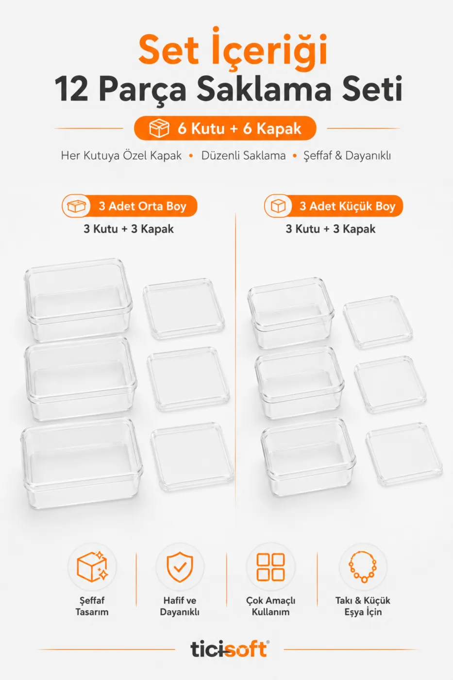 Şeffaf Kapaklı Organizer Kutu Seti 6 Kutu + 6 Kapak 12 Parça Takı Boncuk Küçük Parça Saklama Kutusu