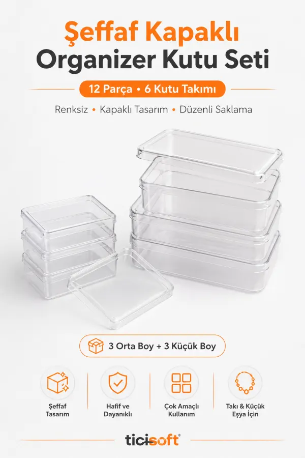 Şeffaf Kapaklı Organizer Kutu Seti 6 Kutu + 6 Kapak 12 Parça Takı Boncuk Küçük Parça Saklama Kutusu
