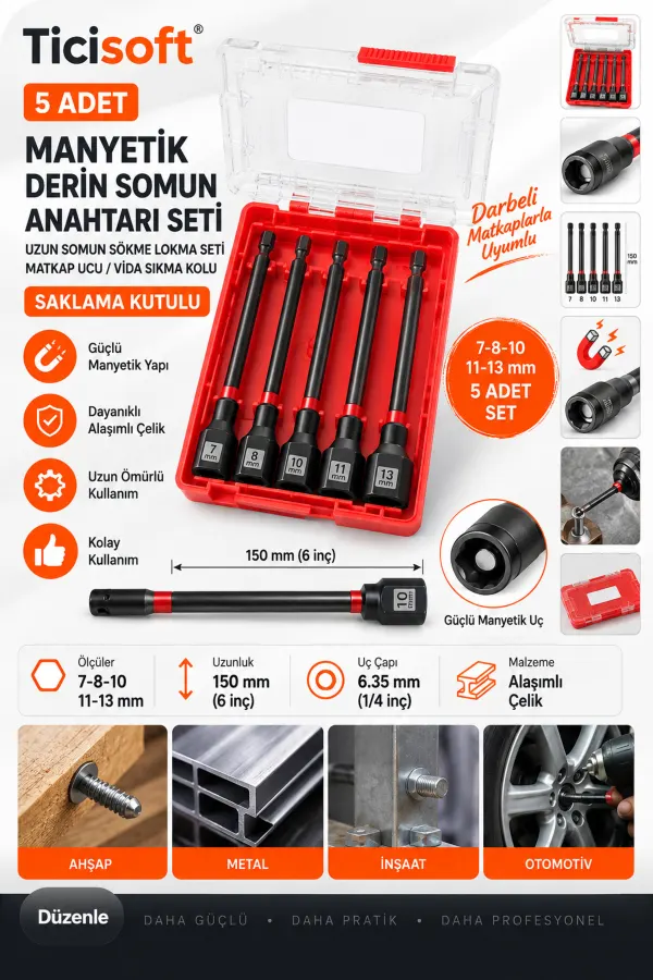 5 Parça 150 mm Manyetik Uzun Somun Sökme Lokma Seti 7-8-10-11-13 mm 1/4 Hex Matkap Vidalama Ucu Saklama Kutulu