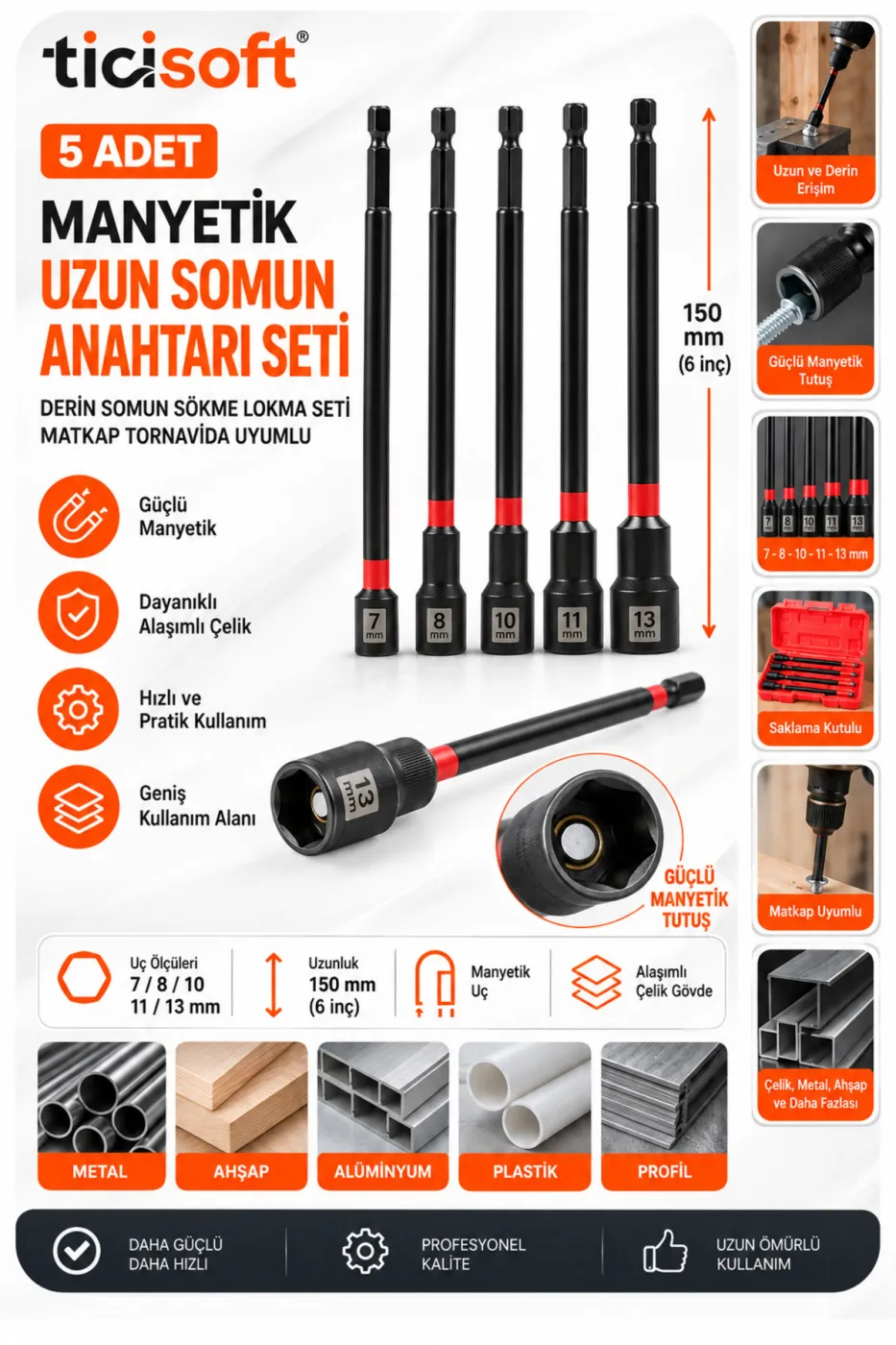 5 Parça 150 mm Manyetik Uzun Somun Sökme Lokma Seti 7-8-10-11-13 mm 1/4 Hex Matkap Vidalama Ucu Saklama Kutulu