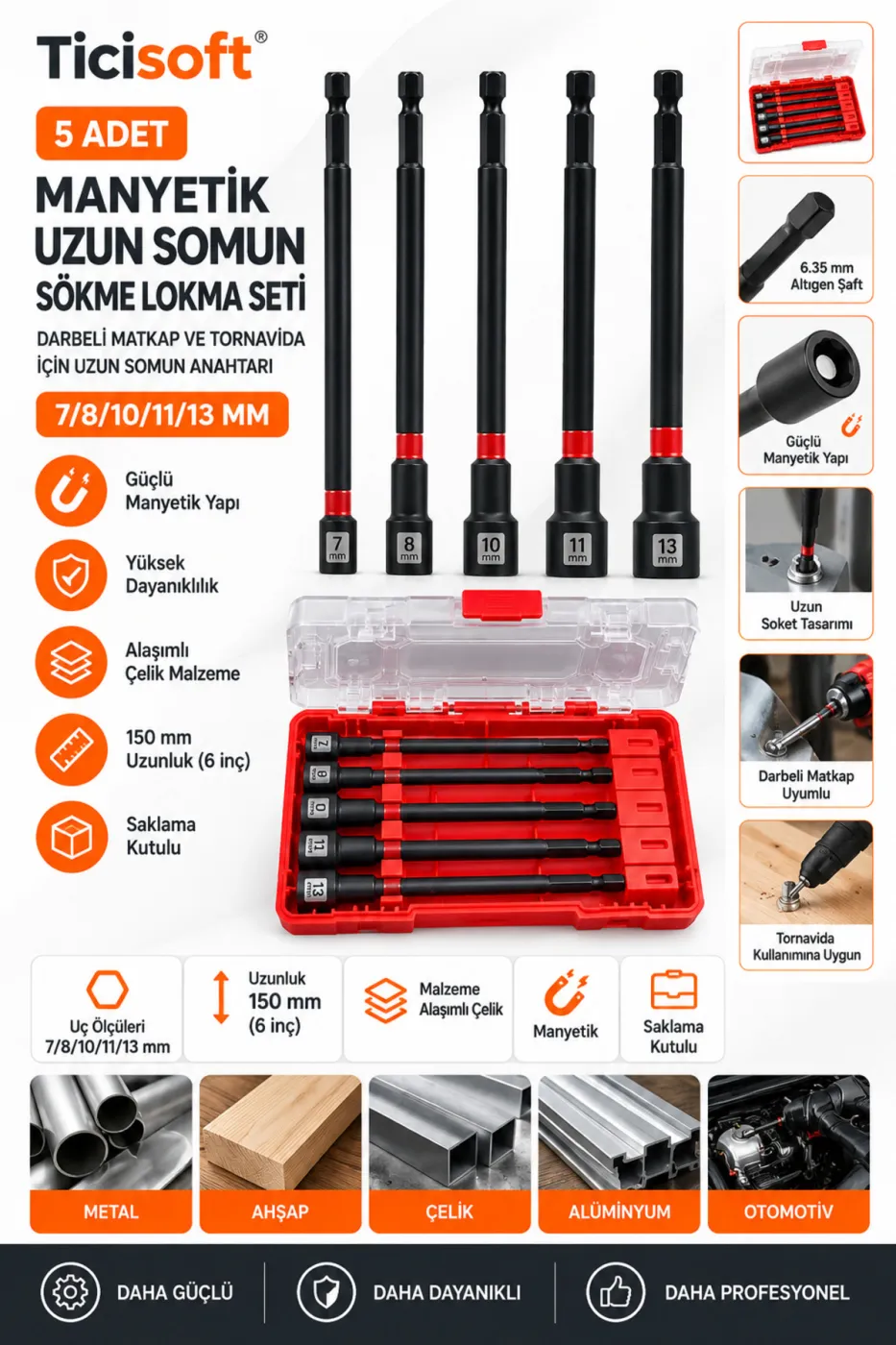 5 Parça 150 mm Manyetik Uzun Somun Sökme Lokma Seti 7-8-10-11-13 mm 1/4 Hex Matkap Vidalama Ucu Saklama Kutulu