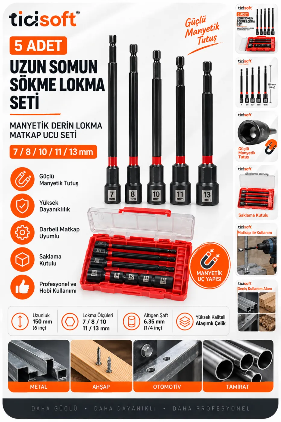 5 Parça 150 mm Manyetik Uzun Somun Sökme Lokma Seti 7-8-10-11-13 mm 1/4 Hex Matkap Vidalama Ucu Saklama Kutulu