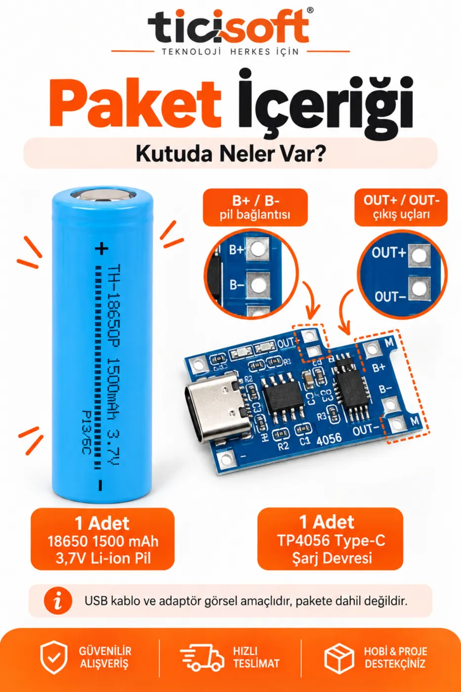 3,7V 18650 1500 mAh Li-Ion Pil + TP4056 Type-C BMS Şarj Devresi Şarj Modülü Seti