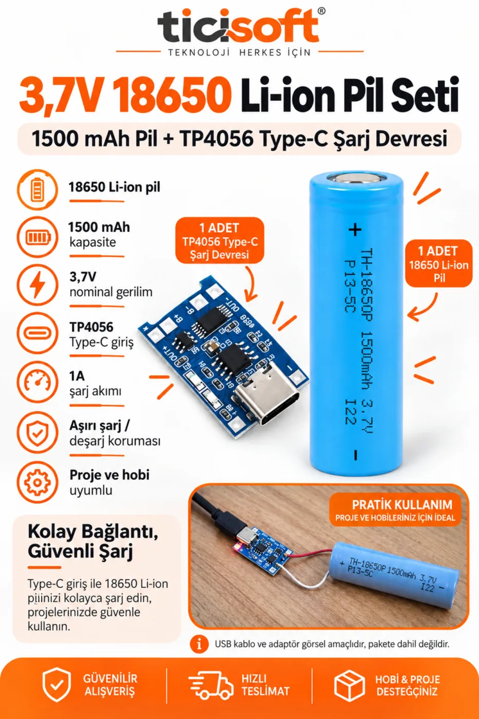 3,7V 18650 1500 mAh Li-Ion Pil + TP4056 Type-C BMS Şarj Devresi Şarj Modülü Seti