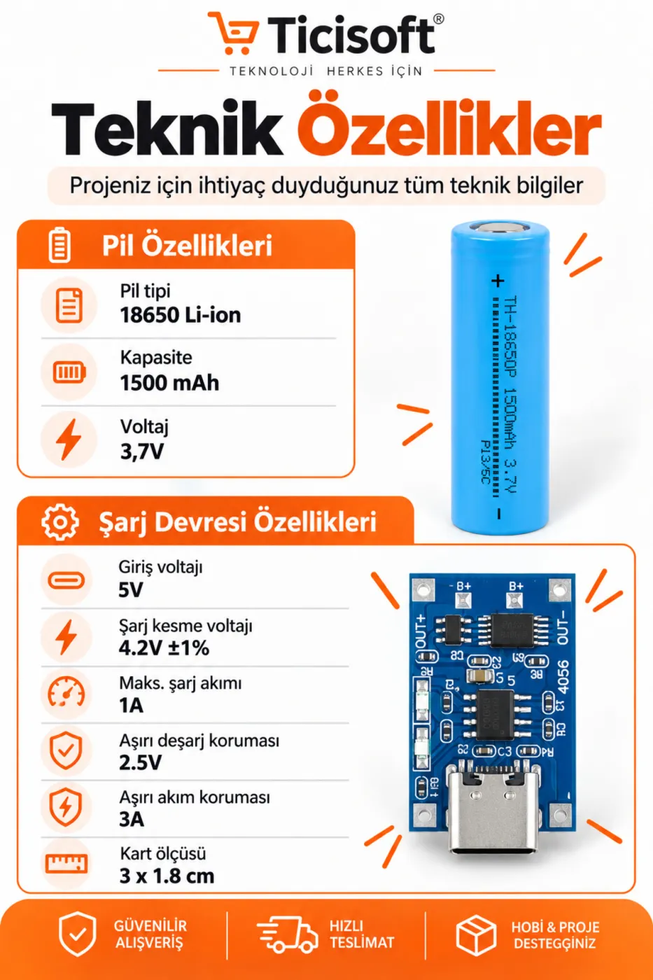 3,7V 18650 1500 mAh Li-Ion Pil + TP4056 Type-C BMS Şarj Devresi Şarj Modülü Seti