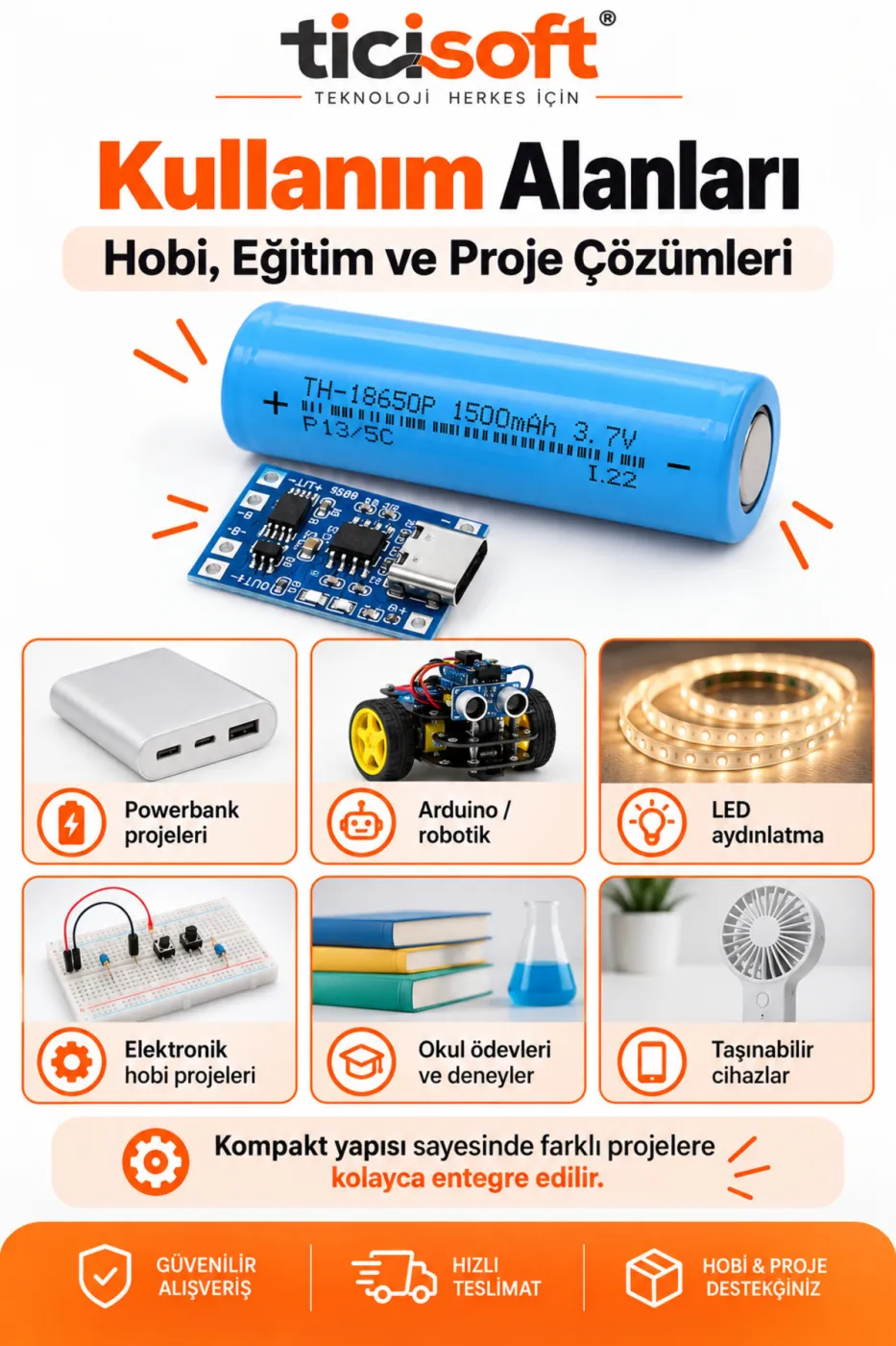 3,7V 18650 1500 mAh Li-Ion Pil + TP4056 Type-C BMS Şarj Devresi Şarj Modülü Seti