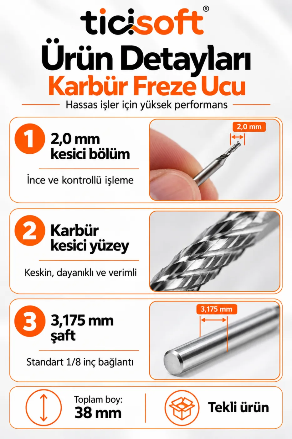 2 mm Karbür Freze Ucu 3.175 mm Şaft CNC Mini Matkap Router End Mill Ahşap Plastik PCB Alüminyum Kesici Uç
