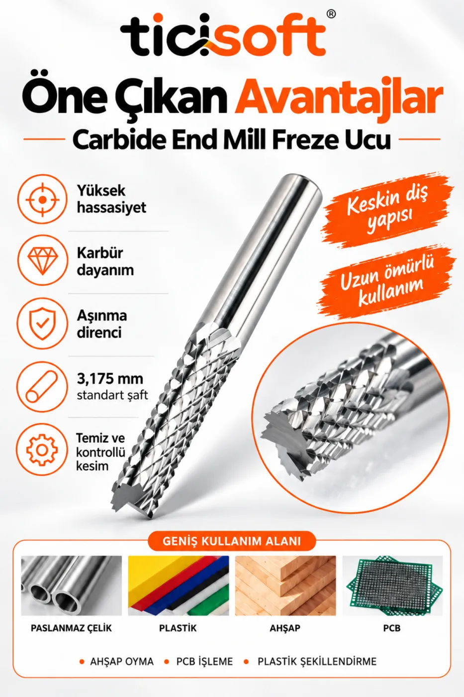2 mm Karbür Freze Ucu 3.175 mm Şaft CNC Mini Matkap Router End Mill Ahşap Plastik PCB Alüminyum Kesici Uç