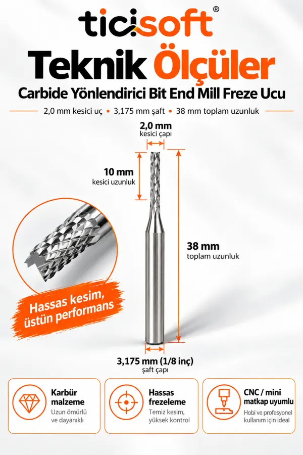 2 mm Karbür Freze Ucu 3.175 mm Şaft CNC Mini Matkap Router End Mill Ahşap Plastik PCB Alüminyum Kesici Uç