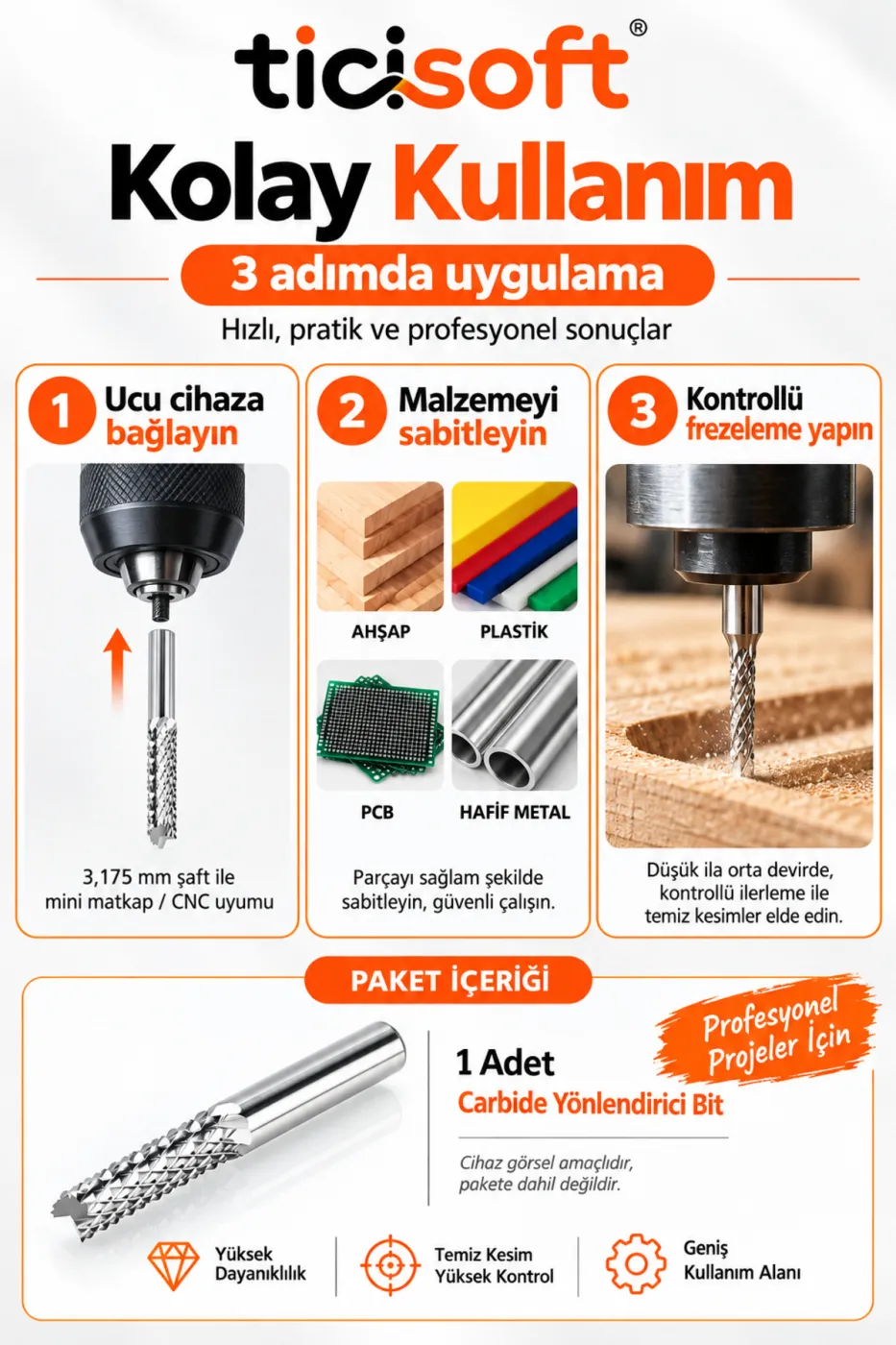 2 mm Karbür Freze Ucu 3.175 mm Şaft CNC Mini Matkap Router End Mill Ahşap Plastik PCB Alüminyum Kesici Uç
