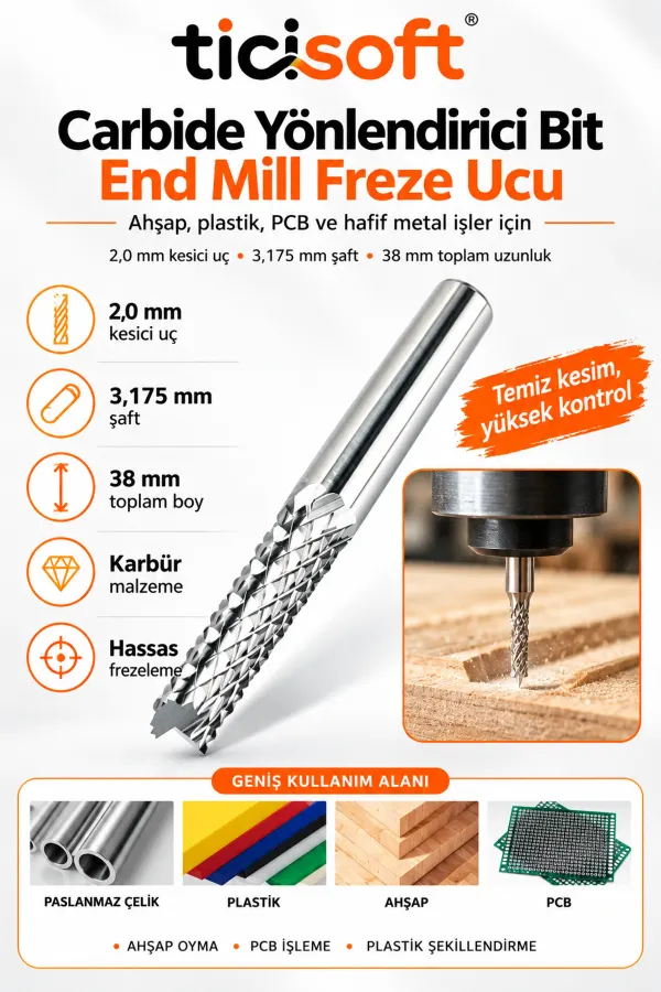 2 mm Karbür Freze Ucu 3.175 mm Şaft CNC Mini Matkap Router End Mill Ahşap Plastik PCB Alüminyum Kesici Uç