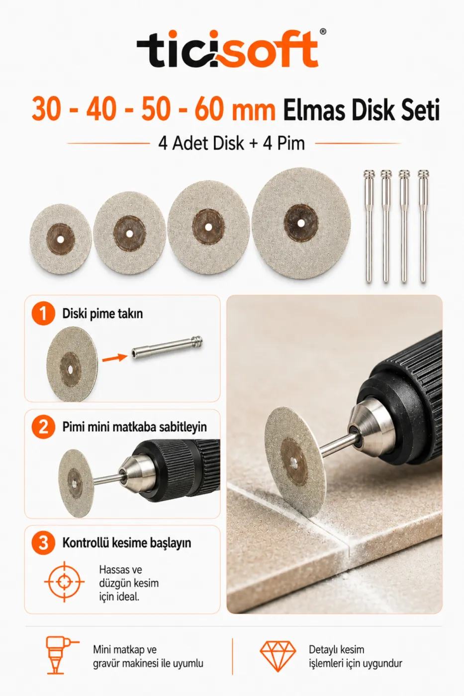 4’lü Elmas Kesme Disk Seti 30-40-50-60 mm + 4 Adet 3 mm Pim Mini Matkap Gravür Uyumlu
