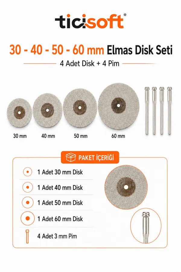 4’lü Elmas Kesme Disk Seti 30-40-50-60 mm + 4 Adet 3 mm Pim Mini Matkap Gravür Uyumlu