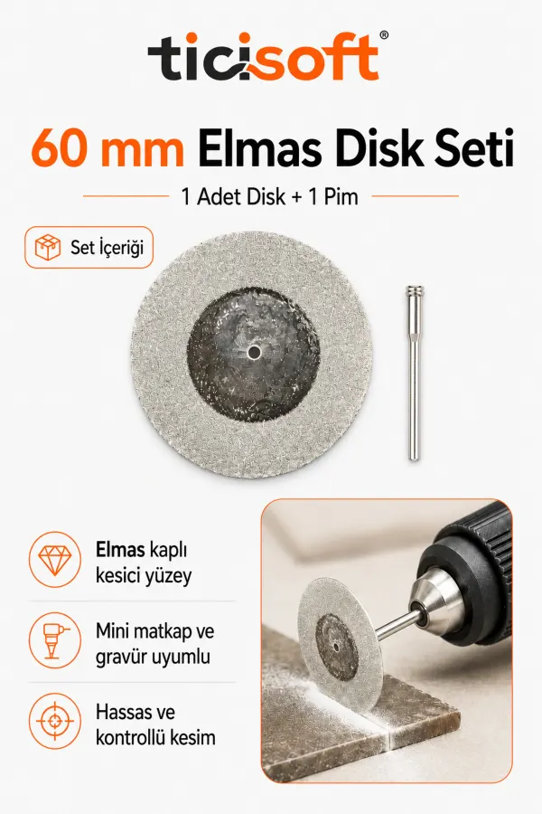 60 mm Elmas Kesme Disk Seti 0,5 mm İnce Disk + 1 Adet 3 mm Pim Mini Matkap Gravür Uyumlu