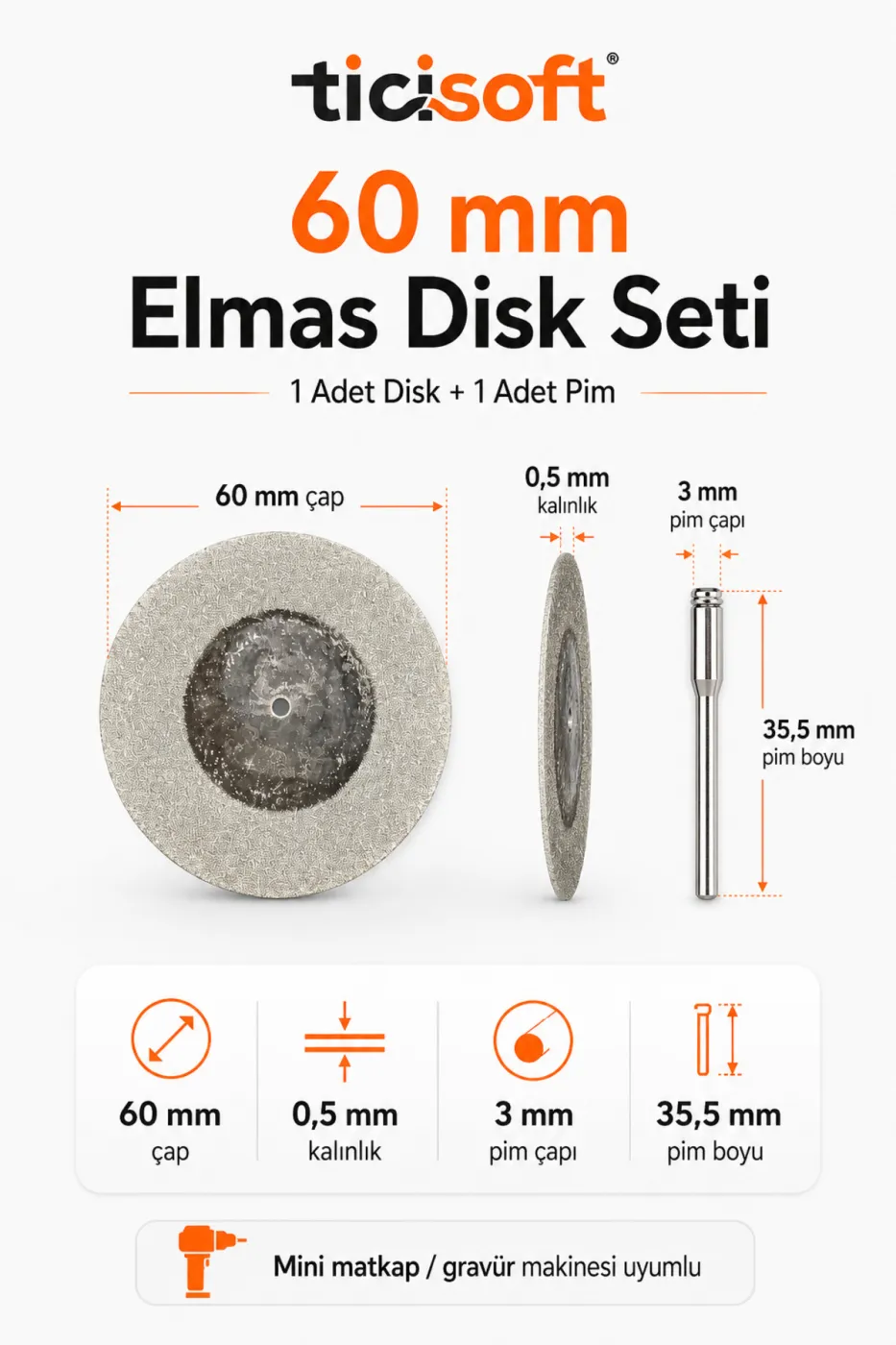 60 mm Elmas Kesme Disk Seti 0,5 mm İnce Disk + 1 Adet 3 mm Pim Mini Matkap Gravür Uyumlu