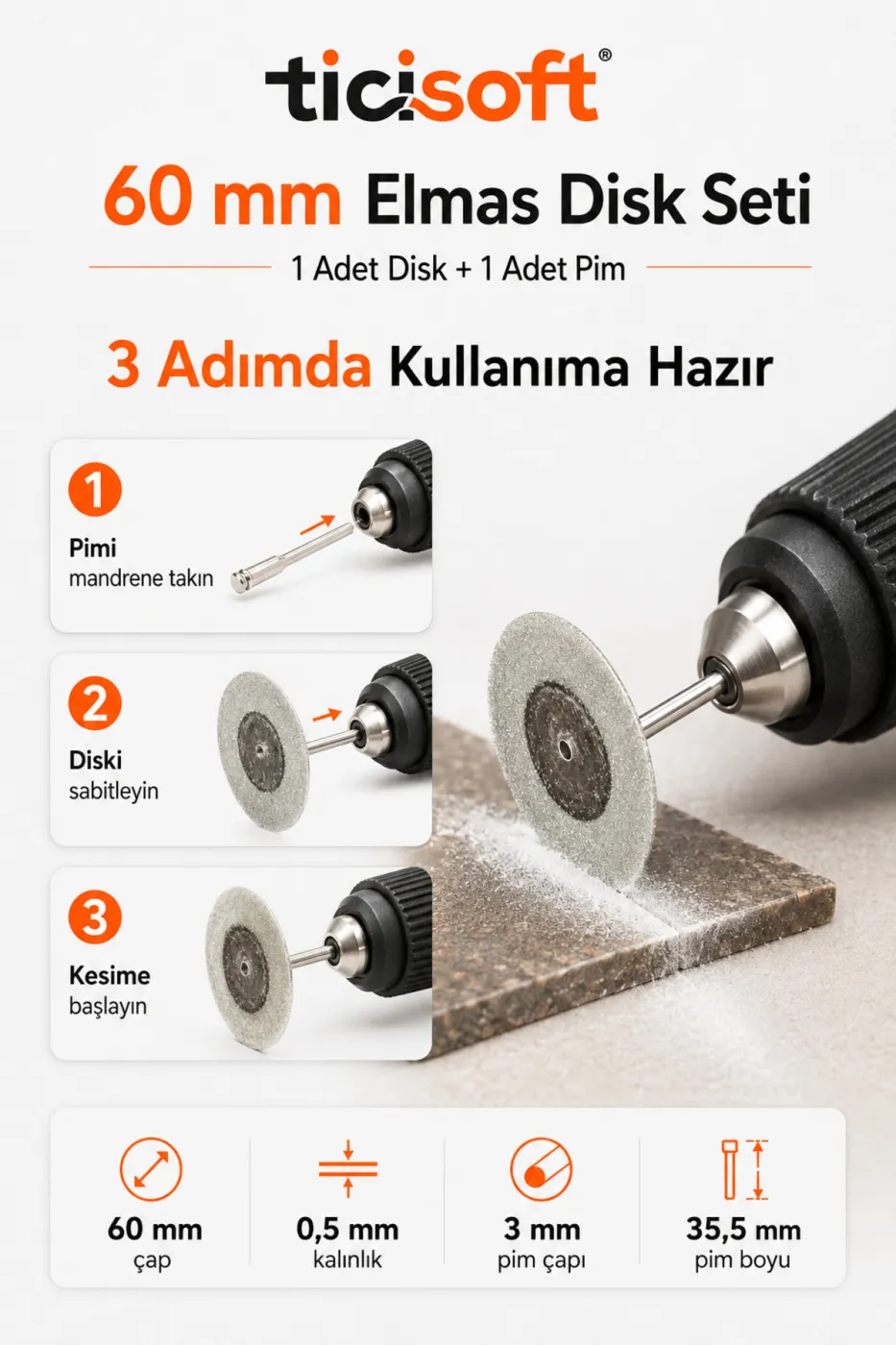 60 mm Elmas Kesme Disk Seti 0,5 mm İnce Disk + 1 Adet 3 mm Pim Mini Matkap Gravür Uyumlu