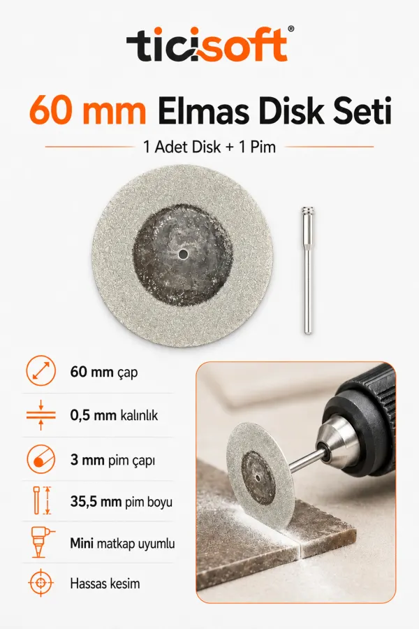 60 mm Elmas Kesme Disk Seti 0,5 mm İnce Disk + 1 Adet 3 mm Pim Mini Matkap Gravür Uyumlu