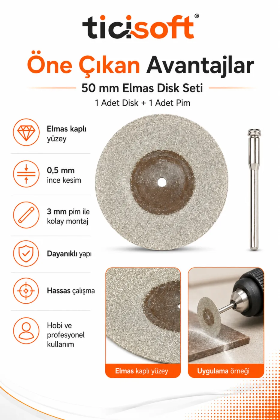 50 mm Elmas Kesme Disk Seti 0,5 mm İnce Disk + 1 Adet 3 mm Pim Mini Matkap Gravür Uyumlu