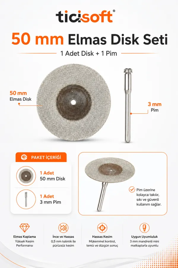 50 mm Elmas Kesme Disk Seti 0,5 mm İnce Disk + 1 Adet 3 mm Pim Mini Matkap Gravür Uyumlu