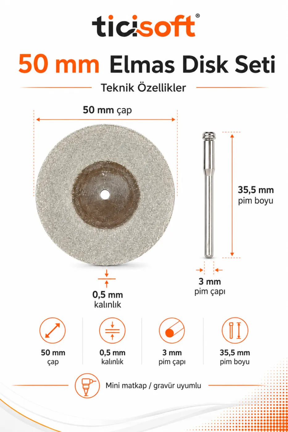 50 mm Elmas Kesme Disk Seti 0,5 mm İnce Disk + 1 Adet 3 mm Pim Mini Matkap Gravür Uyumlu