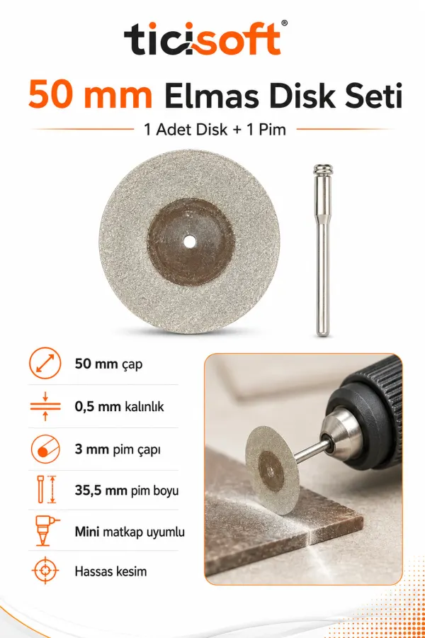 50 mm Elmas Kesme Disk Seti 0,5 mm İnce Disk + 1 Adet 3 mm Pim Mini Matkap Gravür Uyumlu
