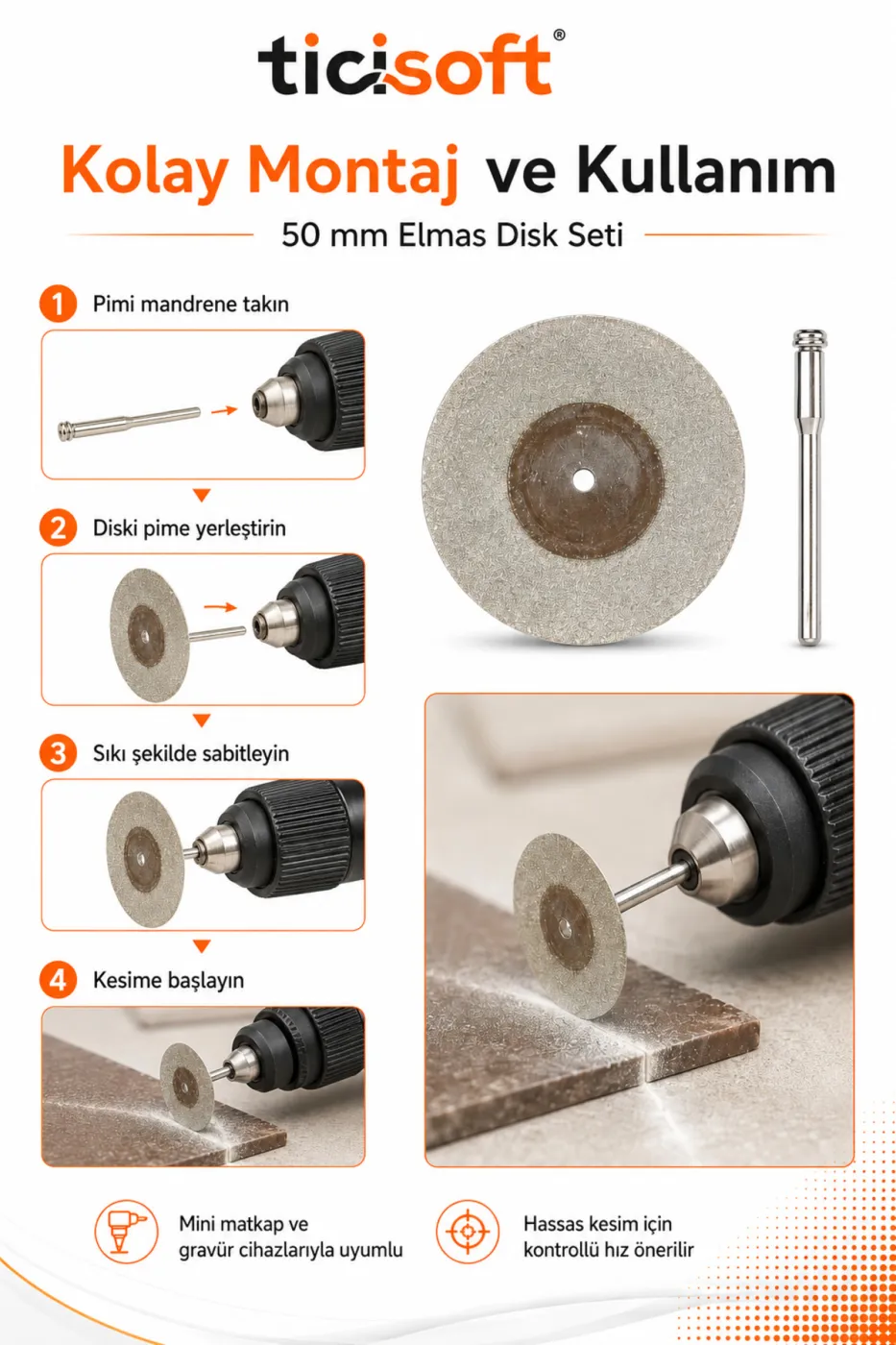50 mm Elmas Kesme Disk Seti 0,5 mm İnce Disk + 1 Adet 3 mm Pim Mini Matkap Gravür Uyumlu