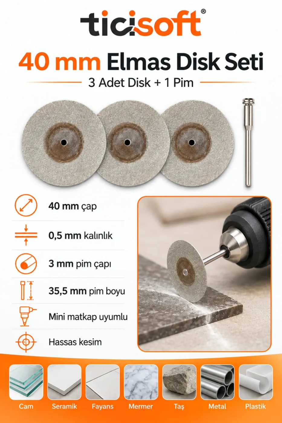 3 Adet 40 mm Elmas Kesme Disk Seti 0,5 mm İnce Disk + 1 Adet 3 mm Pim Mini Matkap Gravür Uyumlu